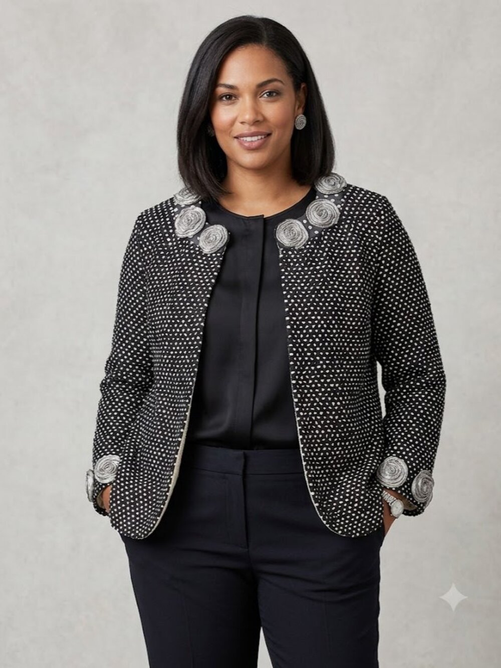 Veeca Black & White Textured Rosette Open Front Jacket XL